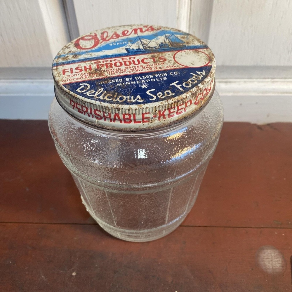 Vintage Olsen‎ Fish Herring Glass Jar Minneapolis MN Metal Lid Olsen's Sailboat